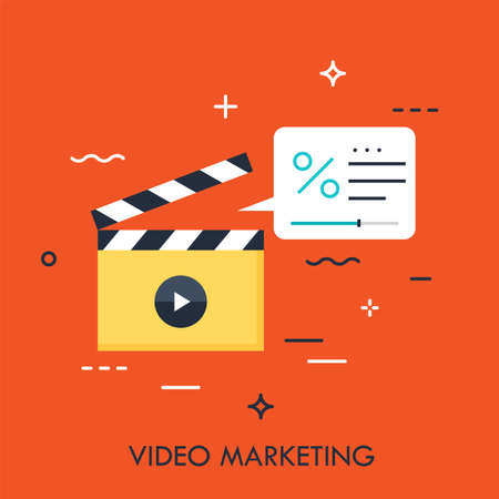 Clapperboard and white speech bubble with percent or sale symbol. Flat design banner of marketing and advertising. Modern vector illustration for website banners, easy to edit, customize and resize.のイラスト素材