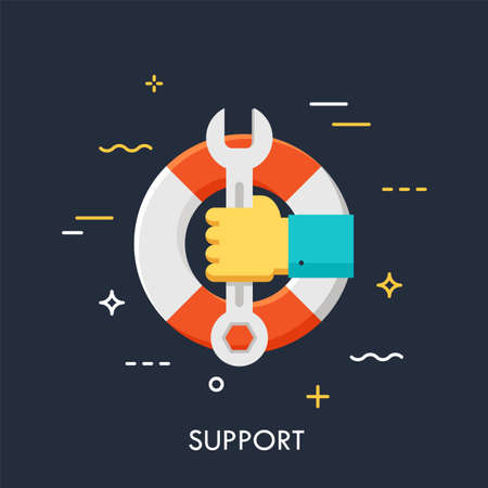 Hand holding wrench or spanner against lifebuoy on background. Technical support service, response and resolution, problem solving concept. Vector illustration for website, banner, header, promo.のイラスト素材