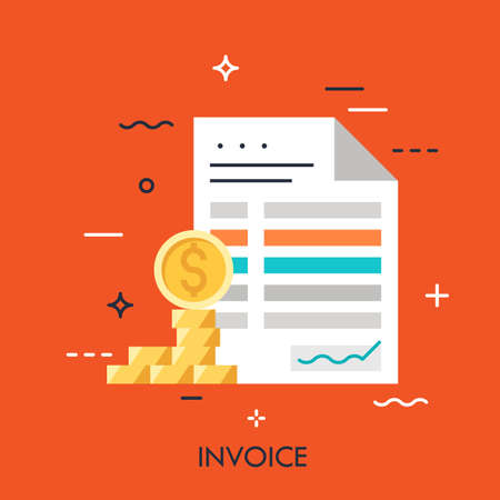 Invoice and dollar coins. Budget planning, money saving and paying debt concept, financial document and paperwork icon. Vector illustration in thin line style for website, accounting service logo.のイラスト素材