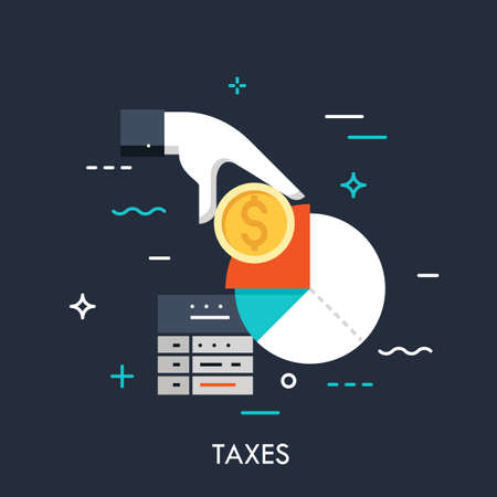Tax form, hand holding dollar coin and income diagram. Budget planning, taxation and paying debt concept, financial document icon, accounting service logo. Vector illustration in thin line style.のイラスト素材