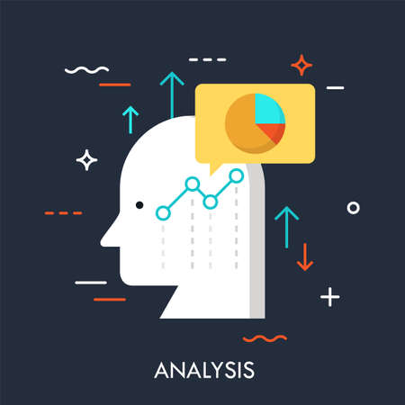 Human head, speech bubble, graphs and charts. Business analysis, analytical thinking, growth strategy development concept. Vector illustration in flat style for website, banner, poster, report.のイラスト素材