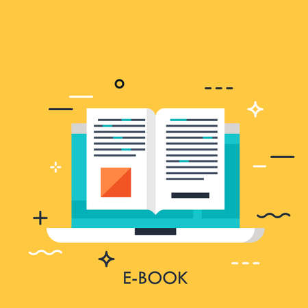 Electronic book icon, digital reading concept, internet learning, e-book library, online magazine. Vector illustration in flat style for website, banner, header, advertisement, presentation.のイラスト素材