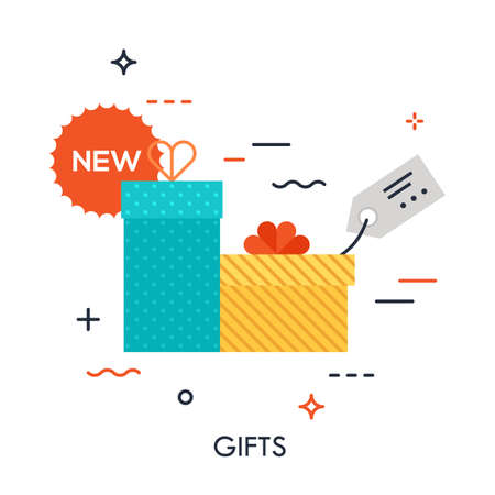 Colorful gift packages with discount label. Concept of buying goods, sales and discounts, online and offline commerce, internet retail. Creative vector illustration for banner, website, advertisement.のイラスト素材