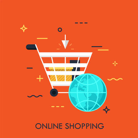 Supermarket cart and globe. Online shopping, electronic commerce, internet stores, sales and discounts, delivery service concept. Vector illustration in flat style for website banner, header.のイラスト素材