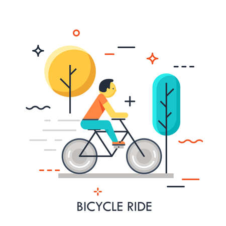 Man riding bicycle in the forest. Minimal flat concept for healty lifestyle or outdoor activities. Vector illustration. Usage: e mail newsletters, web banners, headers, blog posts, prints, applicationsのイラスト素材
