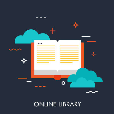 Online library, flat design banner, can be used for e-mail newsletter, web banners, headers, blog posts, print and more. Modern style logo vector illustration concept.のイラスト素材