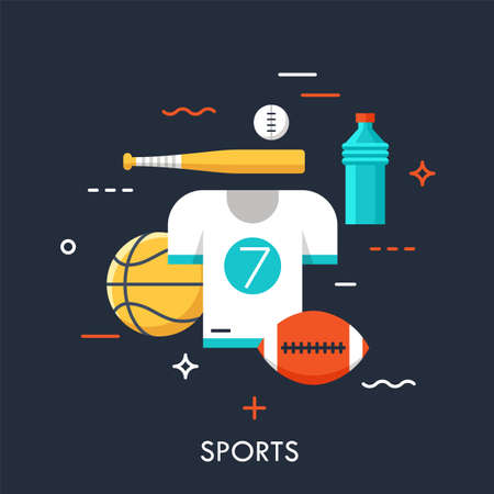 Sports equipment for player, sporting goods and sportswear shop logo. Championship, tournament, competition concept. Vector illustration in flat style for website, banner, poster, presentation.のイラスト素材