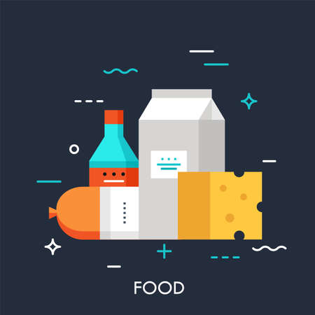 Milk, sausage, cheese and sauce. Online grocery shopping and supermarket food delivery service concept, fresh market products icon. Vector illustration in flat style for website, banner, badge.のイラスト素材