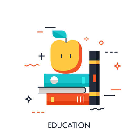 Thin line icon with flat design element of shelf with books and apple, science fiction literature, education information, learn from textbook. Modern style logo vector illustration concept.のイラスト素材
