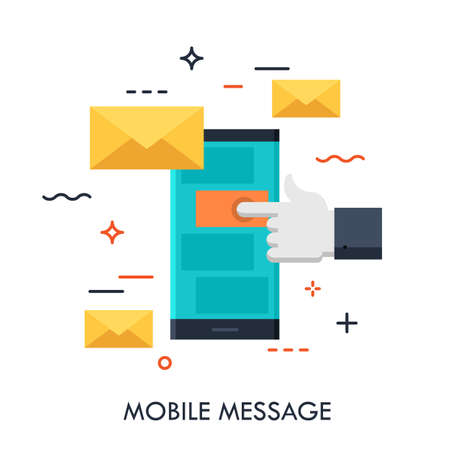 Hand touching smartphone screen with new message notification in text messaging application, mobile messenger concept, icon. Vector illustration for website, banner, electronic app advertisement.のイラスト素材