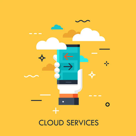 Hand holding smartphone with download and upload progress indicators on screen. Cloud computing services and technology, data storage concept. Vector illustration in flat style for banner, ad.のイラスト素材