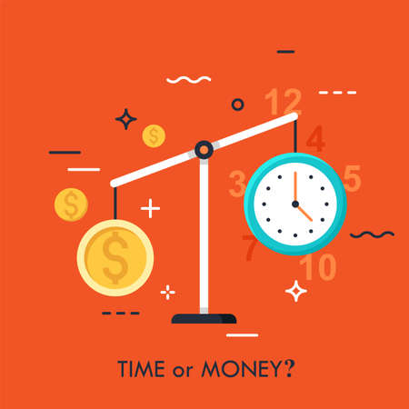 Watch and dollar coin on scales. Time or money, busyness and strenuous life, choice and dilemma concept. Vector illustration for website banner, brochure, presentation, poster, print, advertisement.のイラスト素材