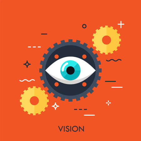 Eye in front of connected gears. Flat design banner of company vision statement. Can be used for website banners, easy to edit, customize and resize.のイラスト素材