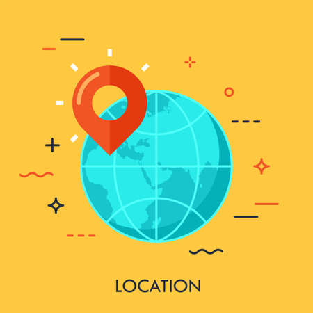 Earth planet and location marker on it. Flat icon design element of gps location, traveling, globe, opening unknown. Modern style logo for website and applications design. Vector illustration concept.の写真素材