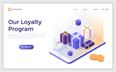 Landing page with gift boxes, mobile phone and coins. Modern isometric vector illustration for advertising, promotion of online store loyalty program, discount or reduced price for regular customers.の写真素材