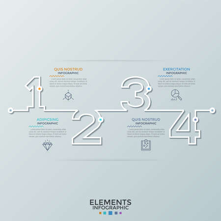 Horizontal timeline with outlines of numbers, thin line symbols and place for text. Concept of 4 successive steps of business development. Creative infographic design template. Vector illustration.のイラスト素材