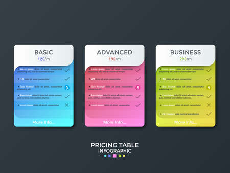 Three separate colorful rectangular elements with place for text inside. Concept of 3 website subscription plans with options description. Creative infographic design template. Vector illustration.のイラスト素材