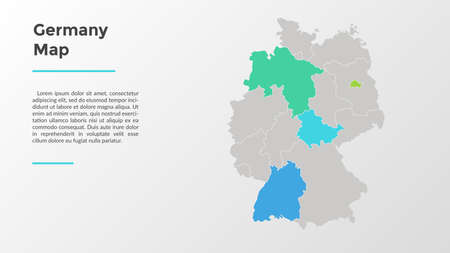 Germany map divided into provinces or regions with modern borders. Geographic location indication. Infographic design template. Vector illustration for presentation, brochure, touristic website.のイラスト素材