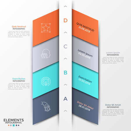 Four colorful diagonal ribbons, letters and thin line icons arranged into horizontal row. Concept of 4 successive steps of startup development. Modern infographic design template. Vector illustration.のイラスト素材