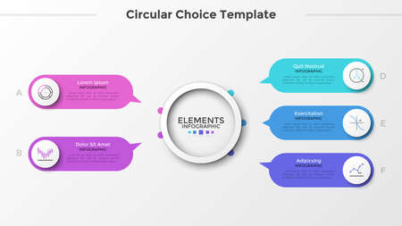 Five rounded elements with linear symbols and pointers pointing at main paper white circle in center. Concept of 5 characteristics or options. Clean infographic design template. Vector illustration.のイラスト素材