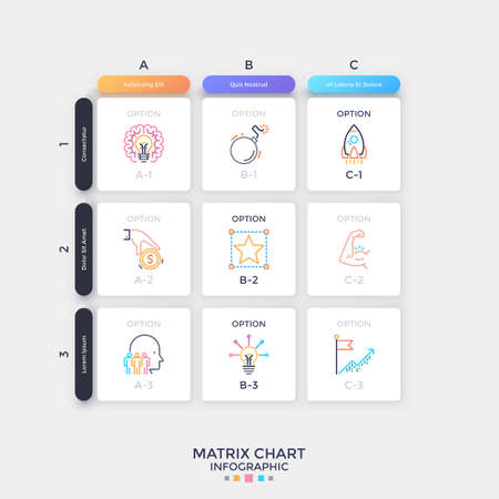 Matrix chart with rows, columns and square paper white cells with thin line pictograms inside. Concept of spreadsheet or table. Simple infographic design layout. Vector illustration for presentation.のイラスト素材