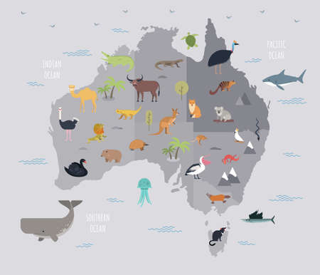 Map of Australia with cute cartoon animals living on it. Funny cartoon mammals, reptiles, birds inhabiting Australian continent. Colorful vector illustration in flat style for educational poster.のイラスト素材