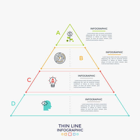 Triangle divided into 4 parts with thin line icons inside. Hierarchical chart with four levels. Hierarchy visualization. Creative infographic design template. Vector illustration for brochure.のイラスト素材