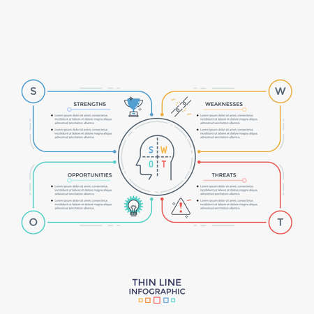 Chart with 4 colorful rectangular elements, thin line symbols and place for text inside them and human head in center. Concept of SWOT analysis. Infographic design template. Vector illustration.のイラスト素材
