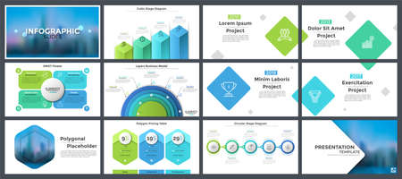 Bundle of presentation templates, page or slide layout design with infographic elements for company annual report, business brochure, information visualization. Creative vector illustration.のイラスト素材