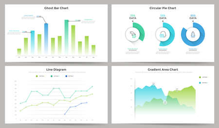 Bundle of flat colorful diagram, bar, pie and gradient charts, line graph elements. Simple infographic design templates. Vector illustration for statistical data visualization, financial report.のイラスト素材