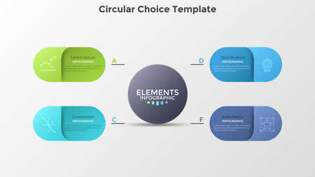 Scheme with four colorful rounded elements surrounding main circle. Concept of 4 business options to choose. Creative infographic design template. Realistic vector illustration for presentation.のイラスト素材