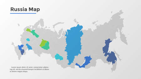 Russia map divided into federal subjects or regions. Geographic division of Russian Federation with regional borders. Modern infographic design template. Flat vector illustration for touristic guide.のイラスト素材