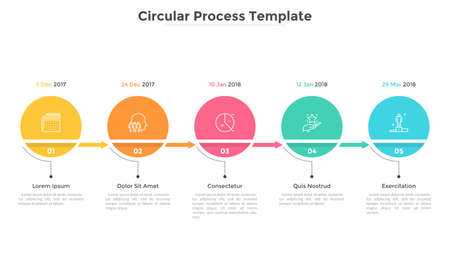 Horizontal timeline with five colorful round elements and date indication. Flat infographic design...