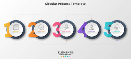 Five round paper white elements placed in horizontal row and connected by dotted line. Concept of 5 successive steps of business progress. Modern infographic design template. Vector illustration.のイラスト素材