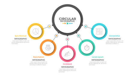 Five multicolored circles connected with main round element in center, 5 features of business process concept. Minimalist infographic design template. Vector illustration for presentation, website.のイラスト素材