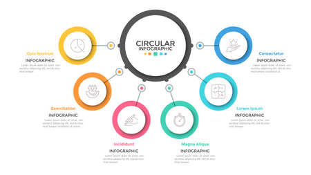 Six multicolored circles connected with main round element in center, 6 features of business process concept. Minimalist infographic design template. Vector illustration for presentation, website.のイラスト素材
