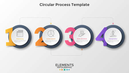 Four round paper white elements placed in horizontal row and connected by dotted line. Concept of 4 successive steps of business progress. Modern infographic design template. Vector illustration.のイラスト素材