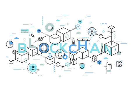 Blockchain word surrounded by cubes or blocks arranged into chain, bitcoin symbols. Distributed digital transaction record. Infographic banner with elements in thin line style. Vector illustration.の写真素材