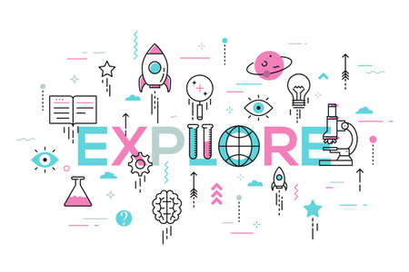 Explore word surrounded by scientific laboratory equipment, spaceship, lightbulb and arrows flying up. Modern infographic banner with elements in thin line style. Vector illustration for advertising.の写真素材