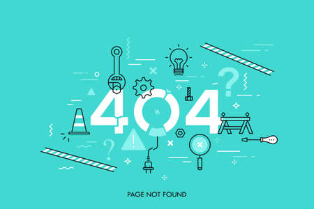 Creative infographic banner with elements in thin line style. Concept of website under construction, webpage maintenance, error 404, page not found message, technical problem. Vector illustration.のイラスト素材