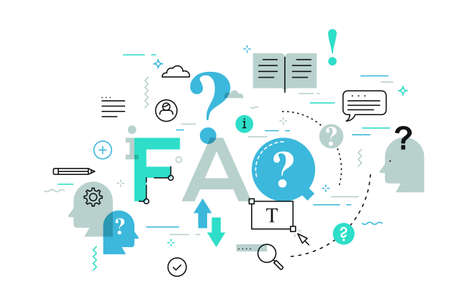Modern Infographic banner with elements in thin line style. Frequently asked questions, user manual or guide, instructions and assistance concept. Vector illustration for presentation, header, report.の写真素材