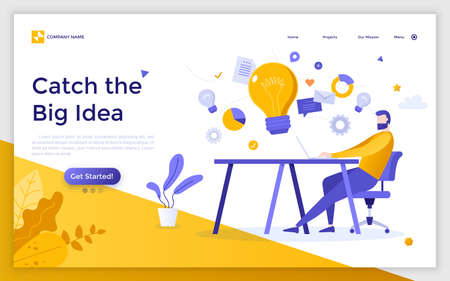 Landing page with man sitting at office desk, working on computer and giant light bulbs. Concept of creative thinking, innovative business idea. Flat vector illustration for website, web banner.のイラスト素材