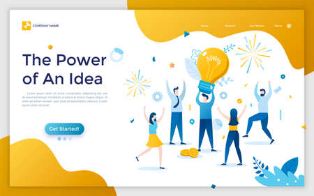 Landing page with man holding giant light bulb, group of rejoicing people and fireworks. Concept of power of innovative business idea or insight. Flat vector illustration for website, web banner.のイラスト素材