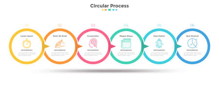 Six paper white overlapped circular elements arranged in horizontal timeline and connected by...