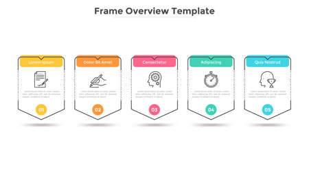 Five frames or tags placed in horizontal row. Concept of 5 steps or stages of business process. Minimal infographic design template. Creative vector illustration for presentation, brochure, report.のイラスト素材