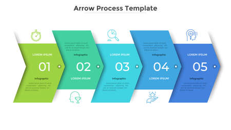 Horizontal progress bar with 5 overlapped arrow-like elements. Concept of 5 steps of business strategy and development. Clean infographic design template. Modern vector illustration for presentation.のイラスト素材