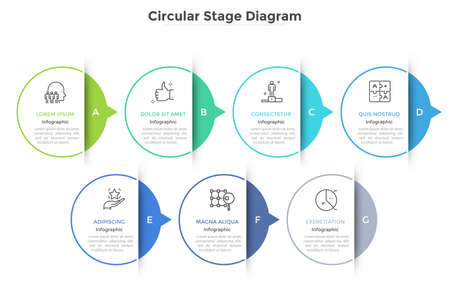 Horizontal chart with 7 paper white elements connected by arrows. Concept of seven successive stages of business progress. Modern infographic design template. Vector illustration for presentation.のイラスト素材