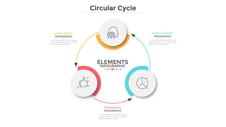Round scheme with 3 circular paper white elements connected by arrows. Concept of three steps of business cycle or cyclic process. Minimal infographic design template. Modern vector illustration.のイラスト素材