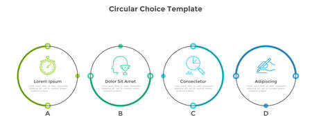 Diagram with 4 circular elements arranged in horizontal row. Concept of four business options to...