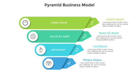 Inverted pyramid divided into 4 colorful parts or layers. Concept of four stages or steps of business progress. Creative infographic design template. Volumetric vector illustration for presentation.のイラスト素材